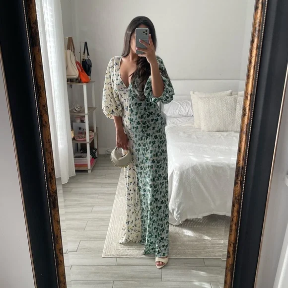 Lee Mathews Eloise Contrast Two-Tone Floral Maxi w/ Puff Sleeves - Picture 6 of 10